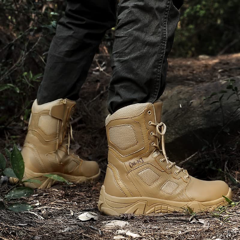 Image of Men's Military Tactical Work Boots Side Zipper Leather Motorcycle Combat Boots Desert Combat Men Outdoor Boots for Hiking Climbing