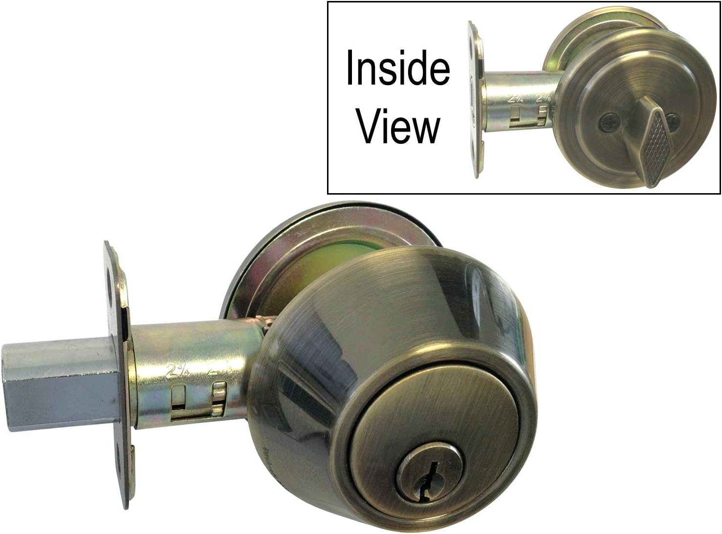 eBuilderDirect Antique Brass Entry Entrance Oval Egg Shaped Knob Handle with Matching Single Cylinder Deadbolt Combo Pack Keyed Alike 6093AB (4 Set)
