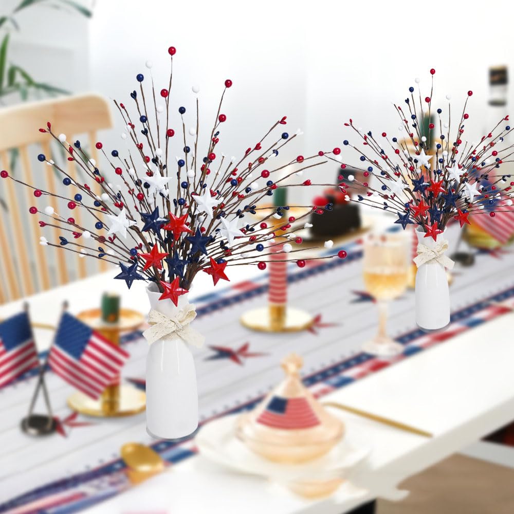 Independence Day Table Centerpiece Decor 16 Inch Patriotic Artificial Tree Topper Picks Carnival Glitter Berry Stems for 4th of July Tree Party Ornaments Decoration (3)