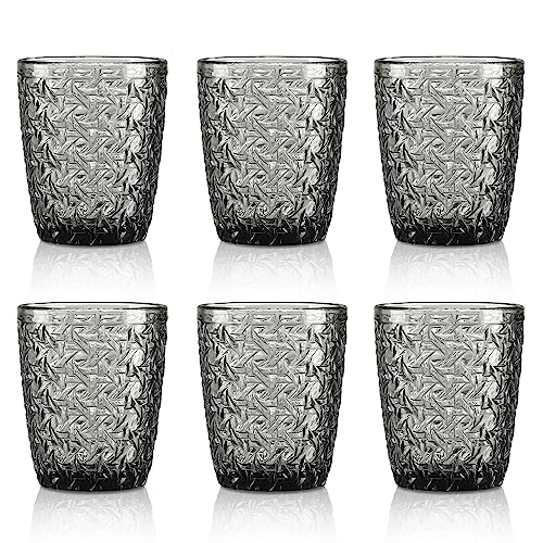 Joeyan 300 mlGrau Wassergläser mit Geprägtem Design,Moderne Trinkgläser Saftgläser Tumbler,Spülmaschinenfest Gläser Set 6 teilig