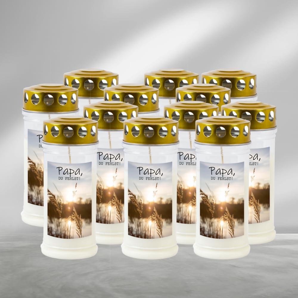 12 er Set Grablicht Weiß mit Golddeckel & Motiv - 70-90 Std. Brenndauer - 100% Pflanzenöl - Sturmfest - Friedhofskerze mit Motiv - Kerzen für Grabdeko (Gedenk-Kerze "Papa")