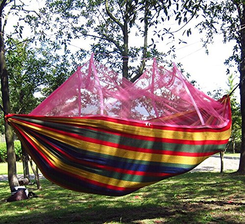 Sourgeny Double Thick Canvas Hammock Camping Wild Mosquito Hostel Swing With Mosquito Net Single Hammock,The Red Stripe (Send Bandages)