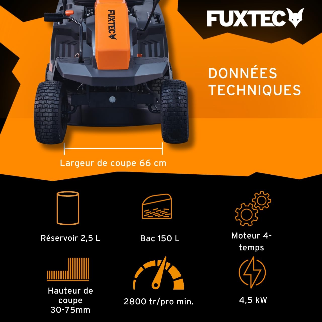 Tondeuse Thermique autoportée FUXTEC FX-RMR66, Tracteur de pelouse eStart, 2500 m2, Largeur de Coupe 66 cm, 6 CV, bac 150 L, Hauteur de Coupe réglable, pour Grandes Surfaces