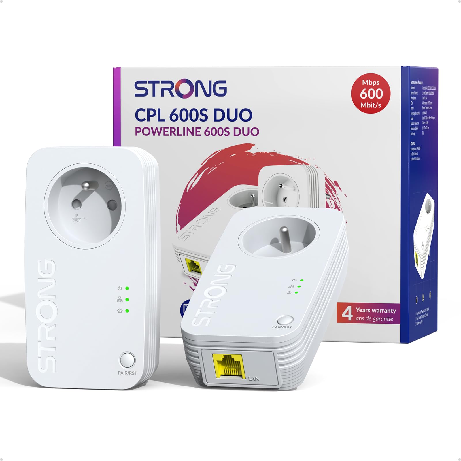 STRONG CPL AV600 Mbps, Prise Intégrée, Box CPL HomePlug AV2, Plug & Play, Compatible avec Toutes Les Box, Port Ethernet 100 Mbps, Mode économie d’énergie, Idéal pour Multi-TV, PC, Kit de 2 (PL600S)