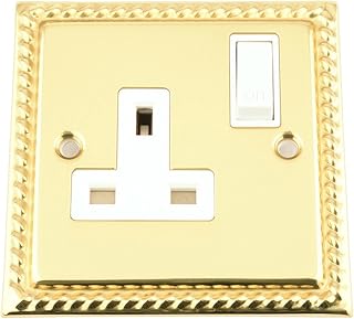 Socket 1 Gang - Polished Brass Georgian - White Insert Plastic Switch - 13A Single Wall Plug Socket