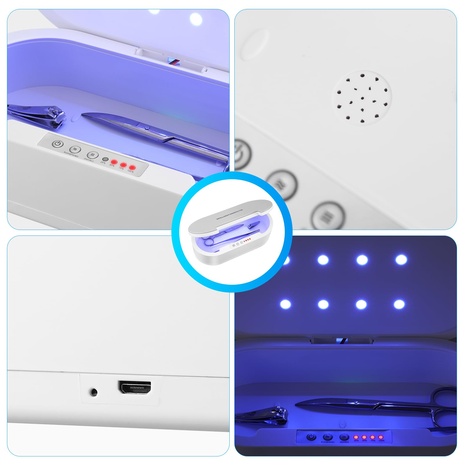 Przenośne narzędzie sterylizator USB, niebieskie światło sterylizacja pudełko do salonu manicure, pęseta, tatuaż, nożyczki, biżuteria, telefon, zegarek, klucze