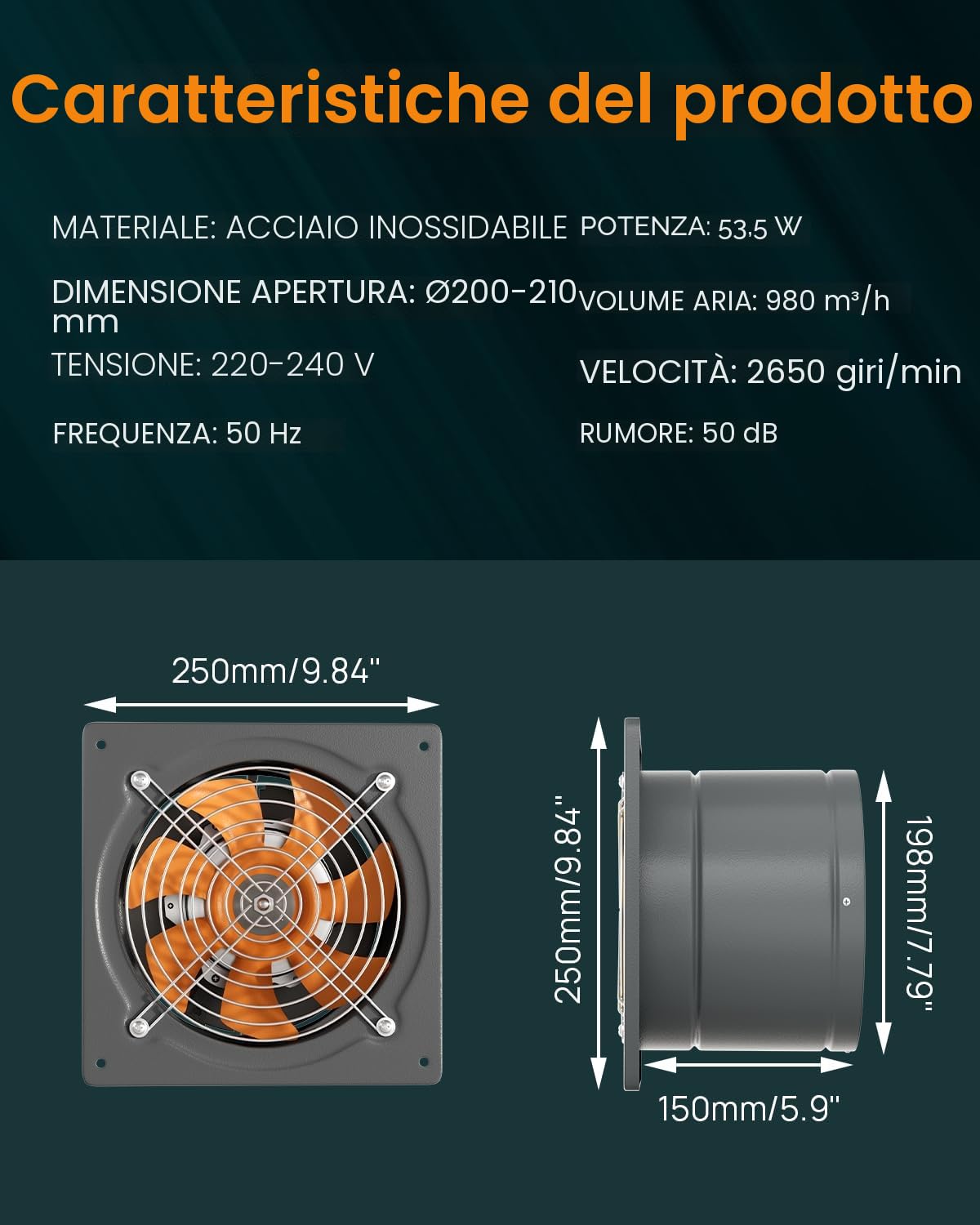 HG Power Ventilatore 200 mm 980 m³/h silenzioso con valvola di ritorno, potente ventilatore da parete con presa europea, per cucina, bagno, garage, cantina, grigio