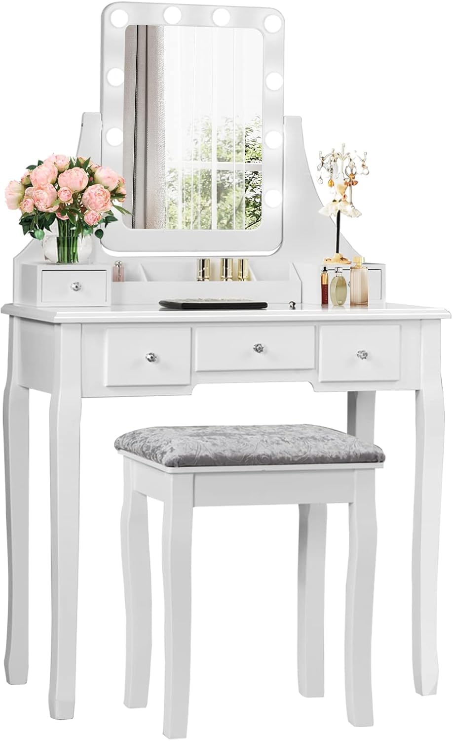 RELAX4LIFE Tocador de Maquillaje con Espejo Extraíble y Giratorio 360° y 10 Luces LED Regulables, Tocador Maquillaje con Taburete Acolchado, 5 Cajones, 3 Compartimentos y 2 Estantes (Blanco)
