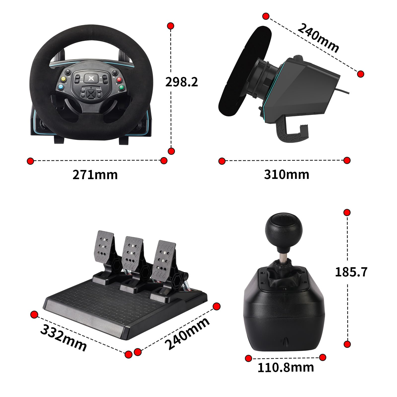 DOYO Volante da gioco con pedali e cambio, volante da corsa 1080° con pedali effetto Hall e cambio a pagaia, volante con feedback di vibrazione per PC/PS4/Xbox One/Xbox Series X|S/PS3/Switch