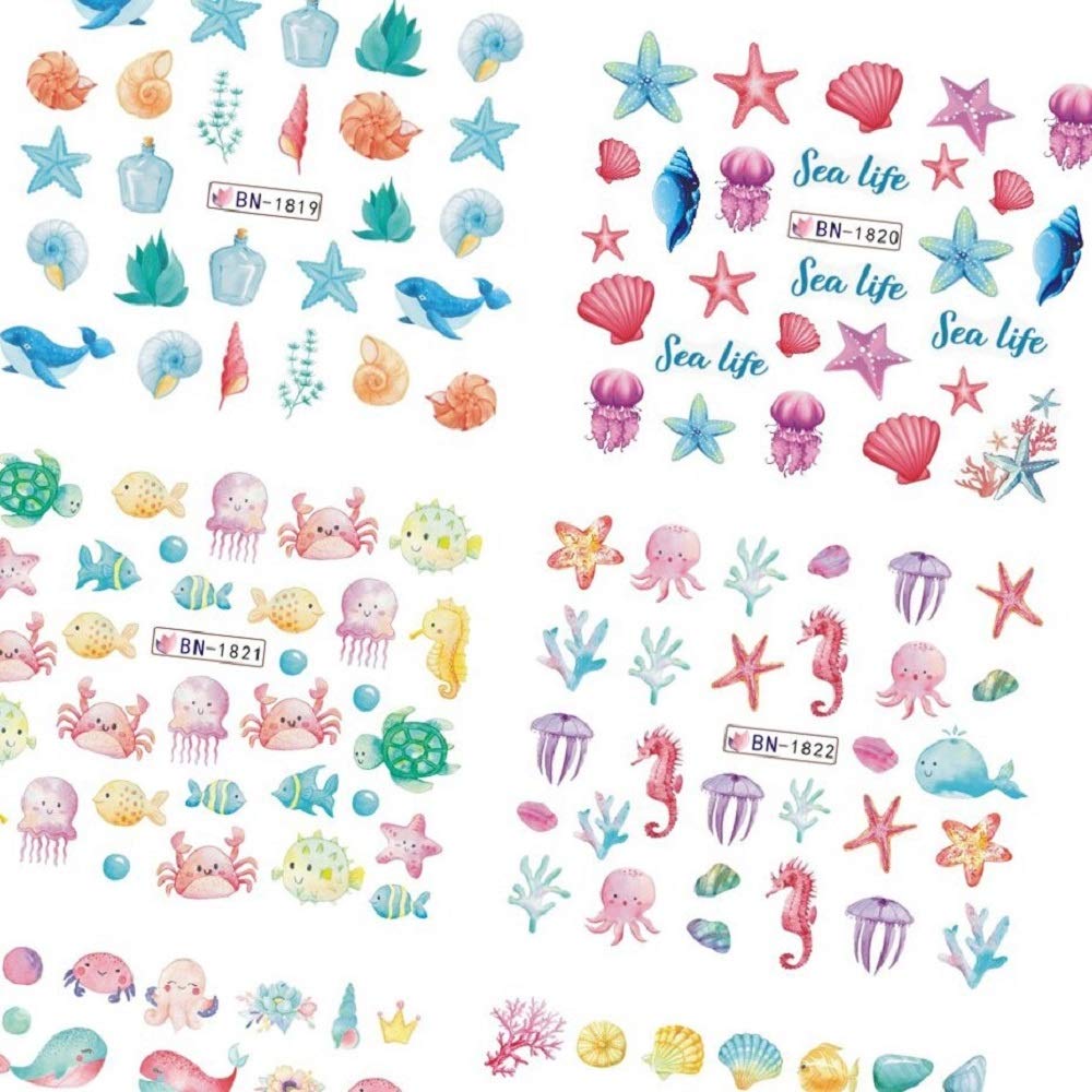 12pcs Ocean Animal Summer Nail Water Decalcomanie Starfish Coral Reef Seaweed Sticker Sea Life Nails Art Transfer Slider