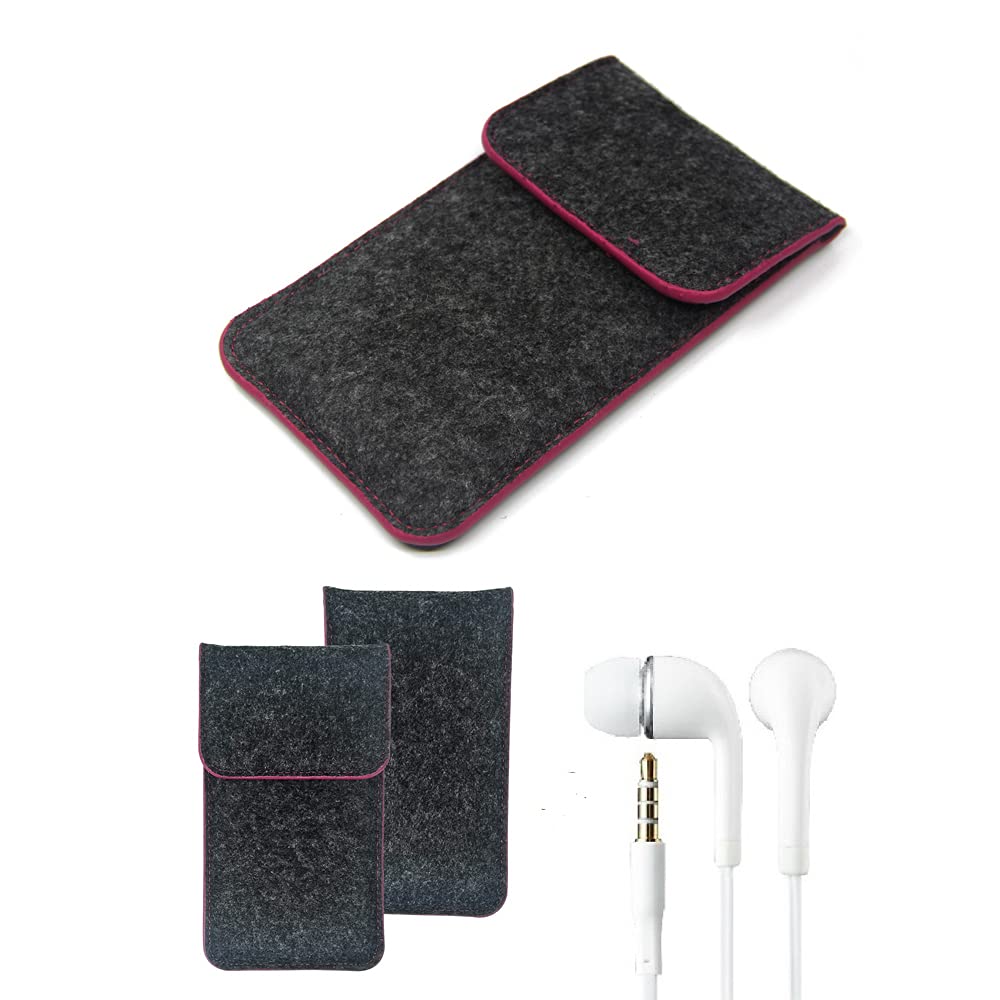 K-S-Trade Custodia Protettiva in Feltro Compatibile con Qilive Q.4868 Copertura Borsa Copertina Tasca Grigio Scuro Bordo Rosa + Auricolari