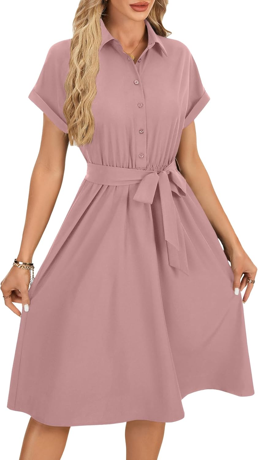 LYANER Women's Collar V Neck Button Front Tie Waist Short Sleeve Ruffle Hem Flowy Midi Dresses Pink# Small - Image 4