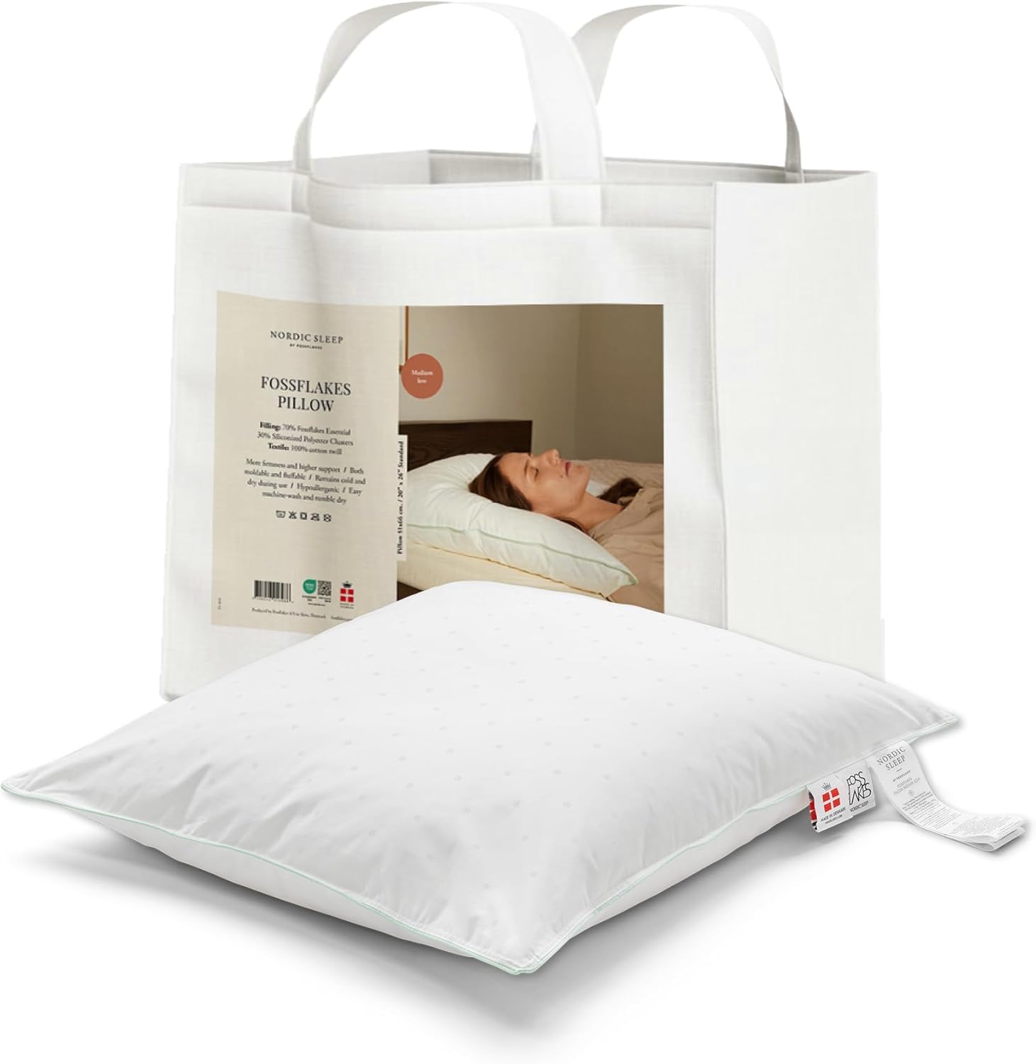 FOSSFLAKES Nordic Sleep, Bed Pillow Hypoallergenic Supportive with Down Alternate, Breathable and Machine Washable, Ideal for Side and Back Sleepers (White Medium Low, Standard)