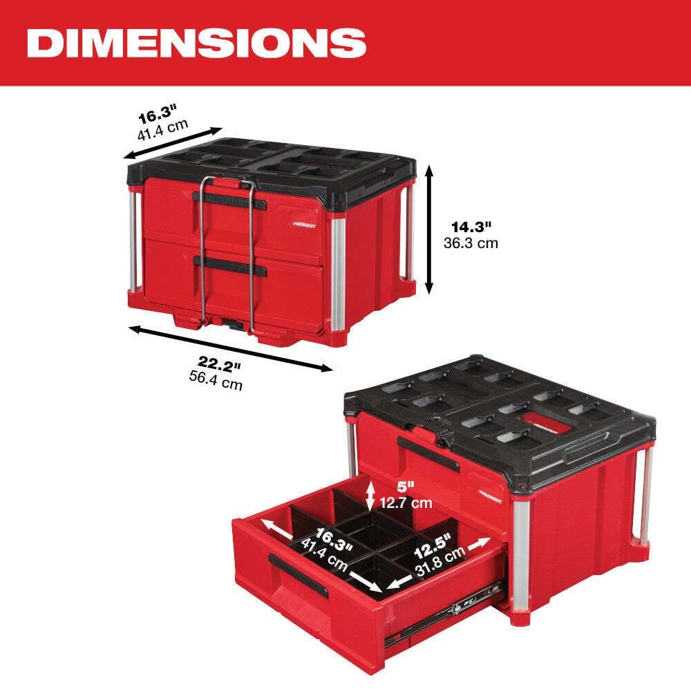 For Milwaukee 48-22-8442 PACKOUT 2 Drawer Durable Tool Box w/ 50lbs Capacity Length 16.3 in Width 22.2 in Height 14.3 in