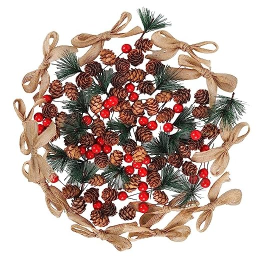 TSLBW 120 Piezas Navidad Guirnalda Hacer Decoración, Ramas de Pino Artificial Bayas de Acebo Rojas Piñones Naturales Lazo para Árbol de Navidad Decoración Guirnalda Otoño Invierno DIY Manualidades