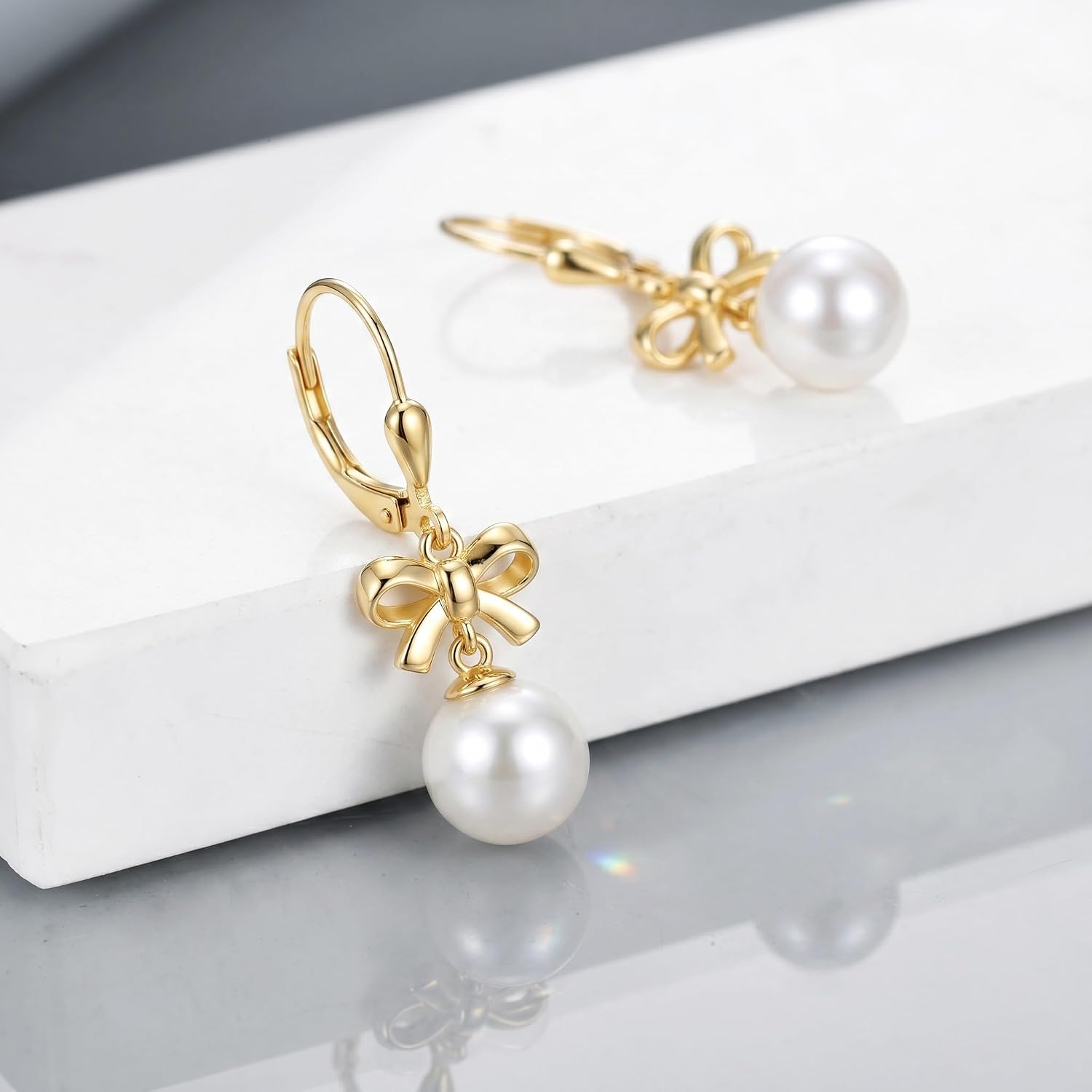 925 Sterling Silver Bow Pearl Drop Earrings for Women, Hypoallergenic Leverback Dangle Earrings, Elegant Lightweight Jewelry for Wedding Bridal Birthday Gift