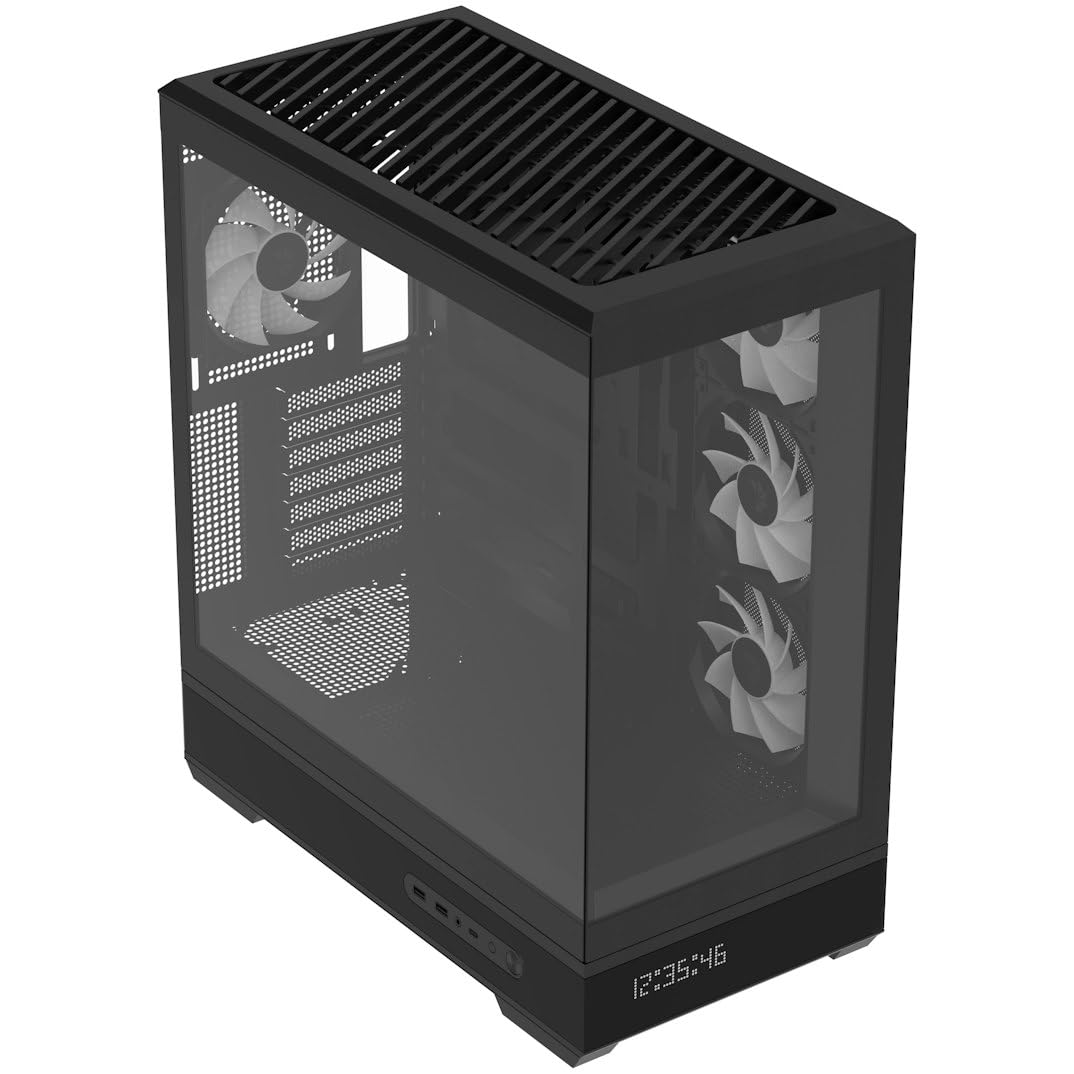 Aerocool P500B Digi schwarzes ATX-Gehäuse, Nahtloser Punkt-Pixel-LED-Bildschirm, 360 mm AIO und Reverse BTF-Motherboard-Unterstützung, verstellbare GPU-Unterstützung, ARGB-PWM-Lüfter x4