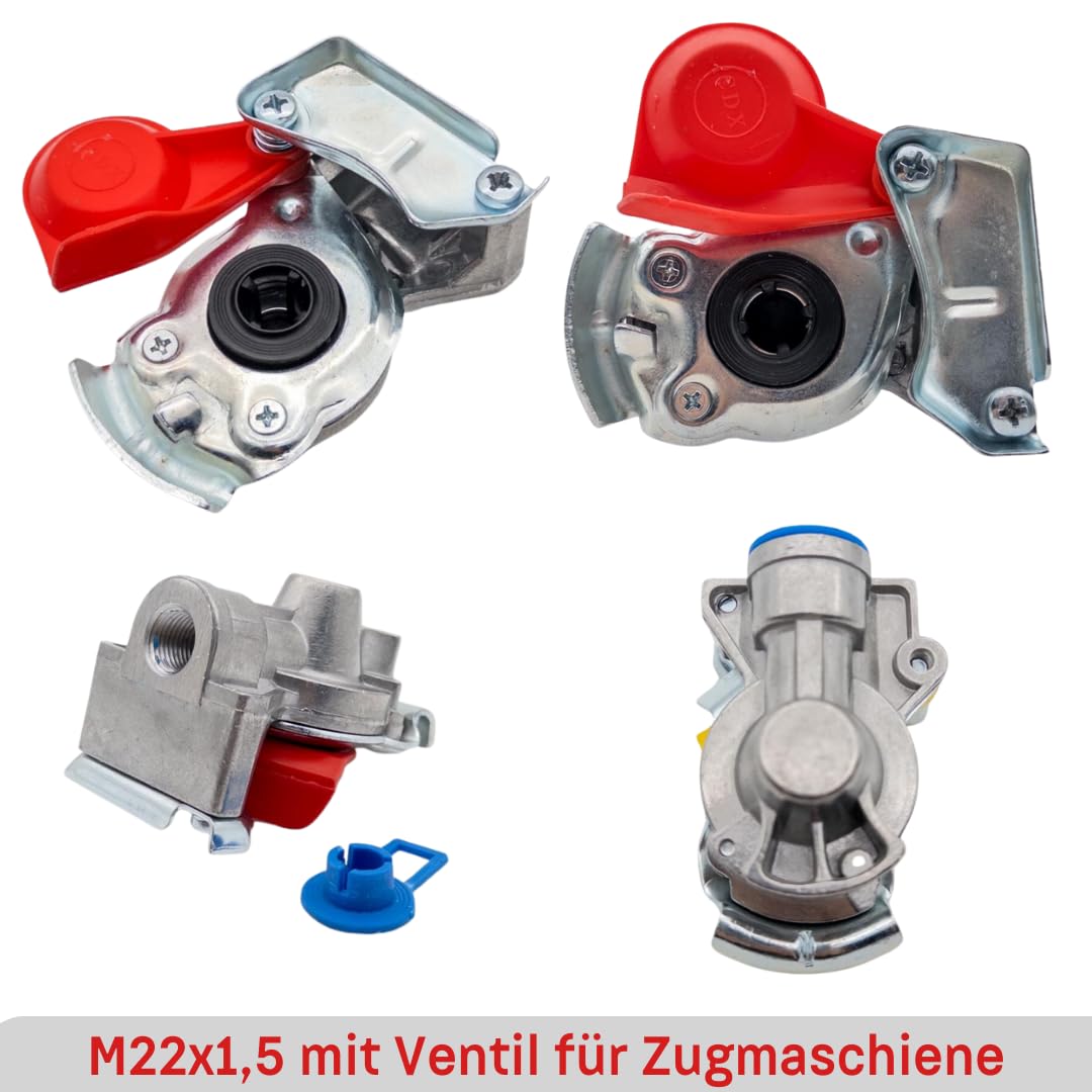 Luftwendel M22 mit Roter und Gelber Plastikschutz, Kupplungskopf mit Ventil & Ohne Ventil Inkl. M22 Kuppelhilfe, Druckluftwendel, Druckluftschlauch für Lkw, Traktor, Nutzfahrzeuge, Agrar