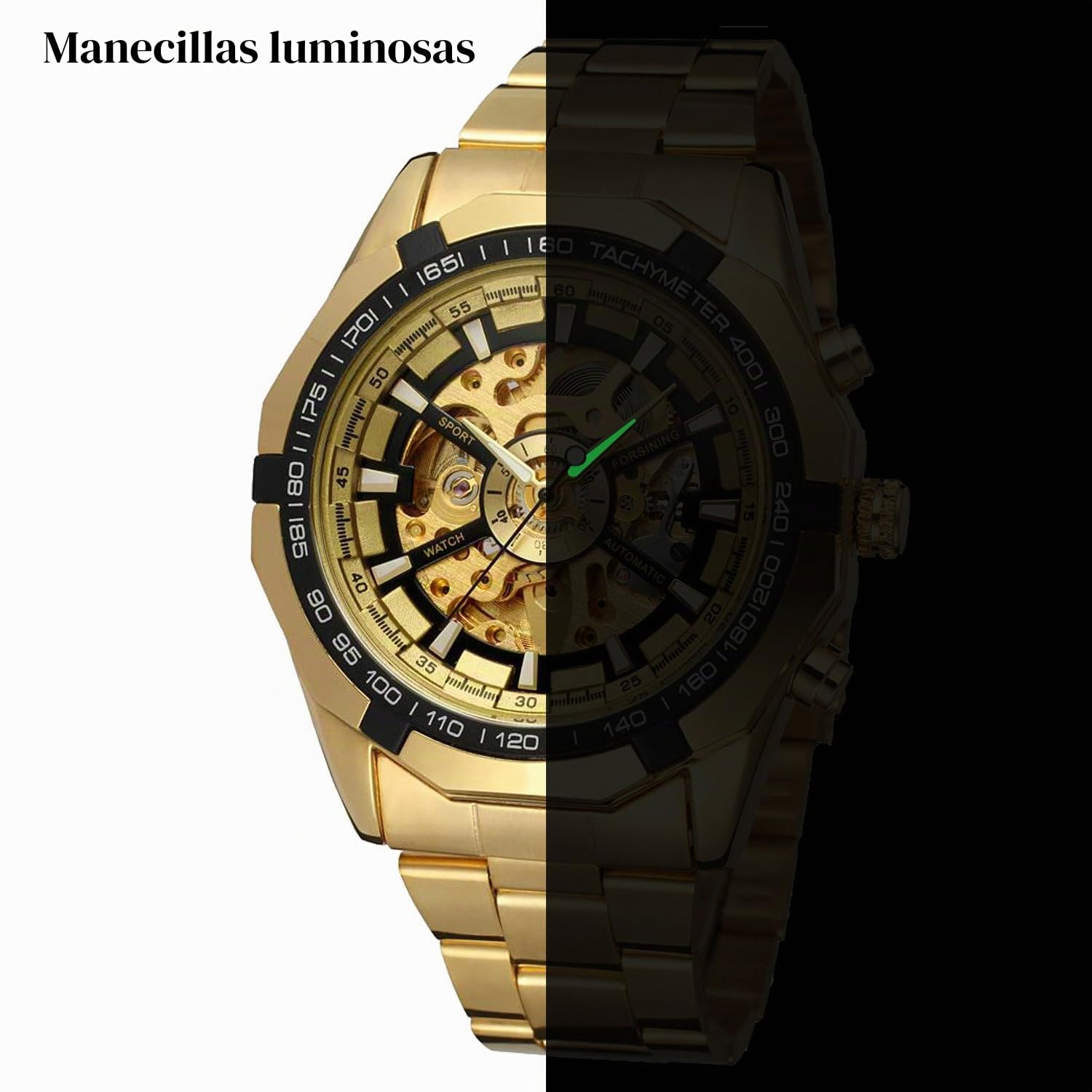 GuTe Reloj de pulsera mecánico automático, dial con diseño de X y mecanismo visible, color dorado y negro