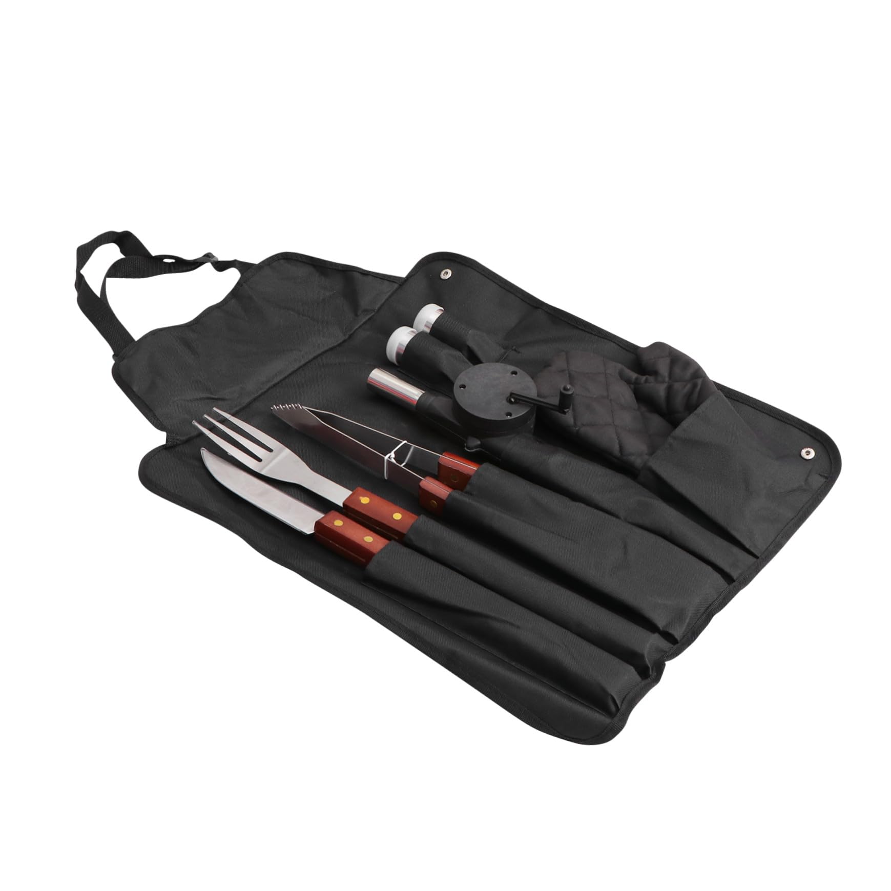 Set Utensili Barbecue 8 Pezzi Manico in Legno e Borsa | Acciaio Inox, Design Compatto, Cinghie di Fissaggio, Nero per Barbecue Party e Uso Outdoor