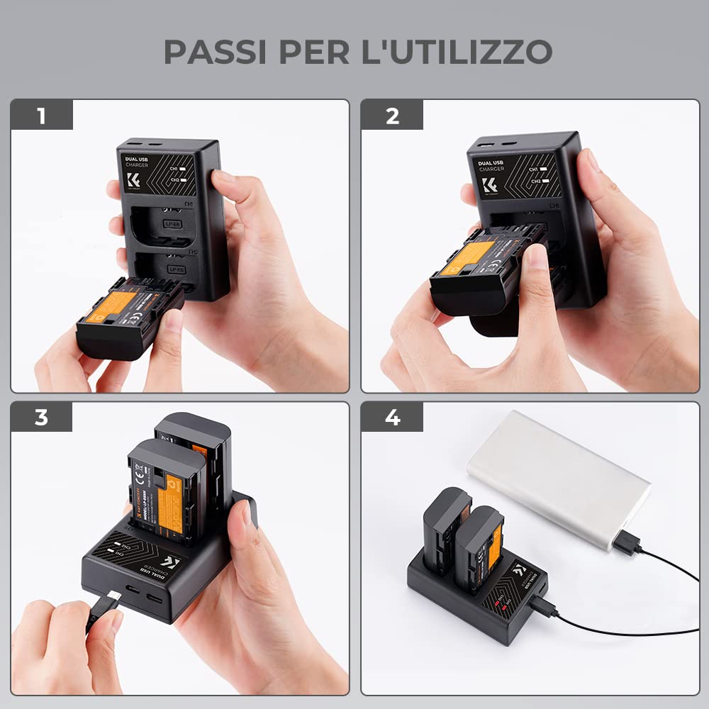 K&F CONCEPT LP-E6NH 2250mAh Batteria di Ricambio con Kit Caricabatterie USB Dual-Slot, Compatibile con Canon EOS 90D, 80D, 70D, 5D Mark II III IV, 5DS SR, 6D, 6D Mark II (2 pezzi)