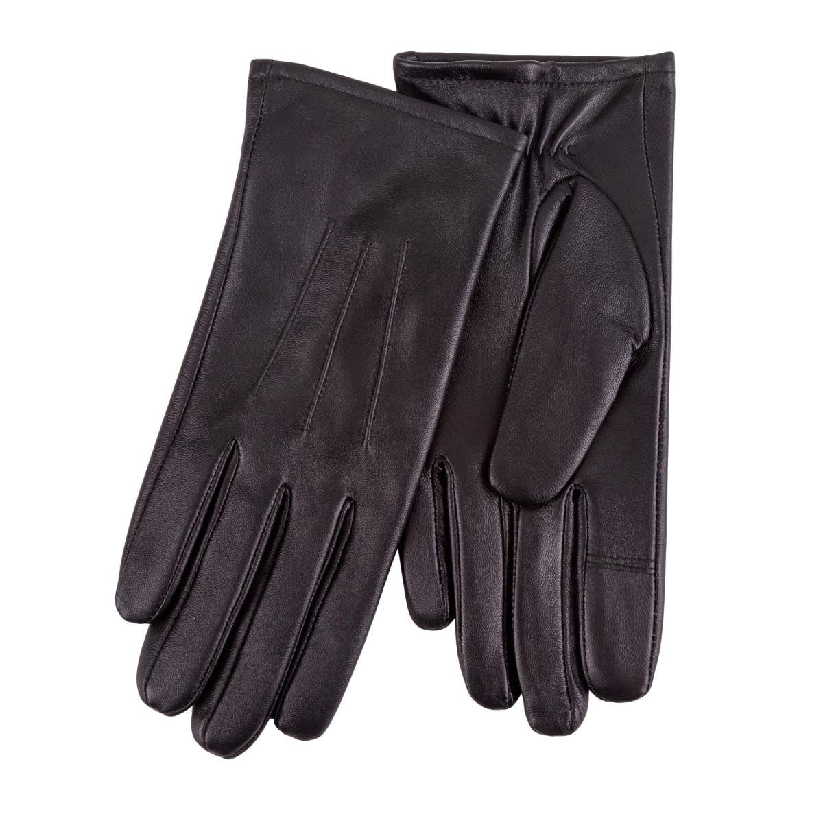 Isotoner® Ladies Three Point Leather Gloves, 100% Genuine Leather, Water Repellent, SmarTouch™ Touchscreen Technology, Supersoft Warm Lining, Wipe Clean Only, Black,Large