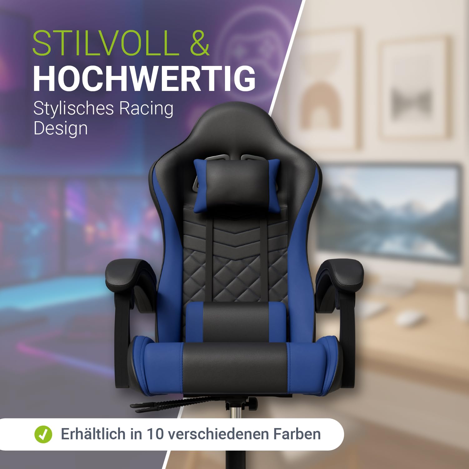 Juskys® Gamingstuhl HyperSeat — Höhenverstellbar, verstellbare Rückenlehne & gepolsterte Armlehnen, Kunstleder, ergonomisch & belastbar — Schwarz/blau
