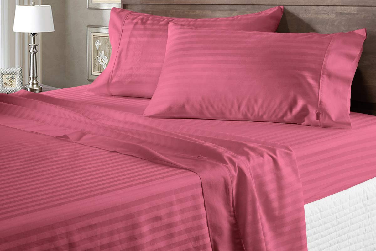 SGI bedding Flat Bedsheet Soft Comfortable Egyptian Cotton Stripe Pattern 300 TC 3PC King Size Rose Berry 1 Flat Bedsheet & 2 Pillowcase