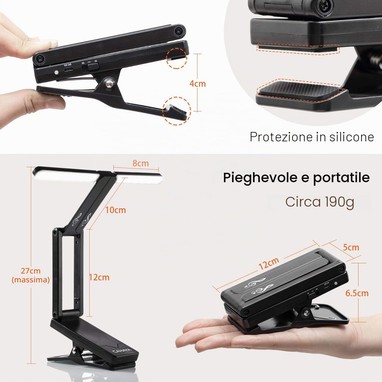CAHAYA Lampada LED per Leggio Clip-On Ricaricabile Luce per Leggio Musicale con Pinza 10 LED Luminoso Luce Pieghevole Senza Filo Portabile 2 Modalità Dura 6 Ore Modello CY0240