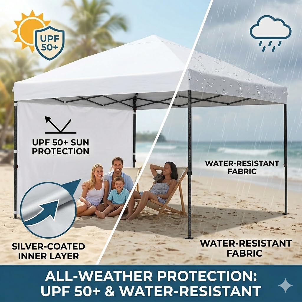 10x10 Pop Up Canopy Tent with 1 Removable Sidewall, White Silver-Coated Top UPF 50+ UV Protection, Water-Resistant Portable Gazebo, 3 Adjustable Heights, Includes Sandbags, Stakes & Carry Bag