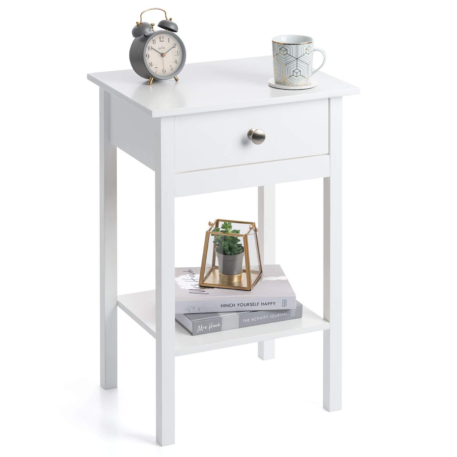 CHRISTOW White Bedside Table With Shelf & Drawer Bedroom Nightstand