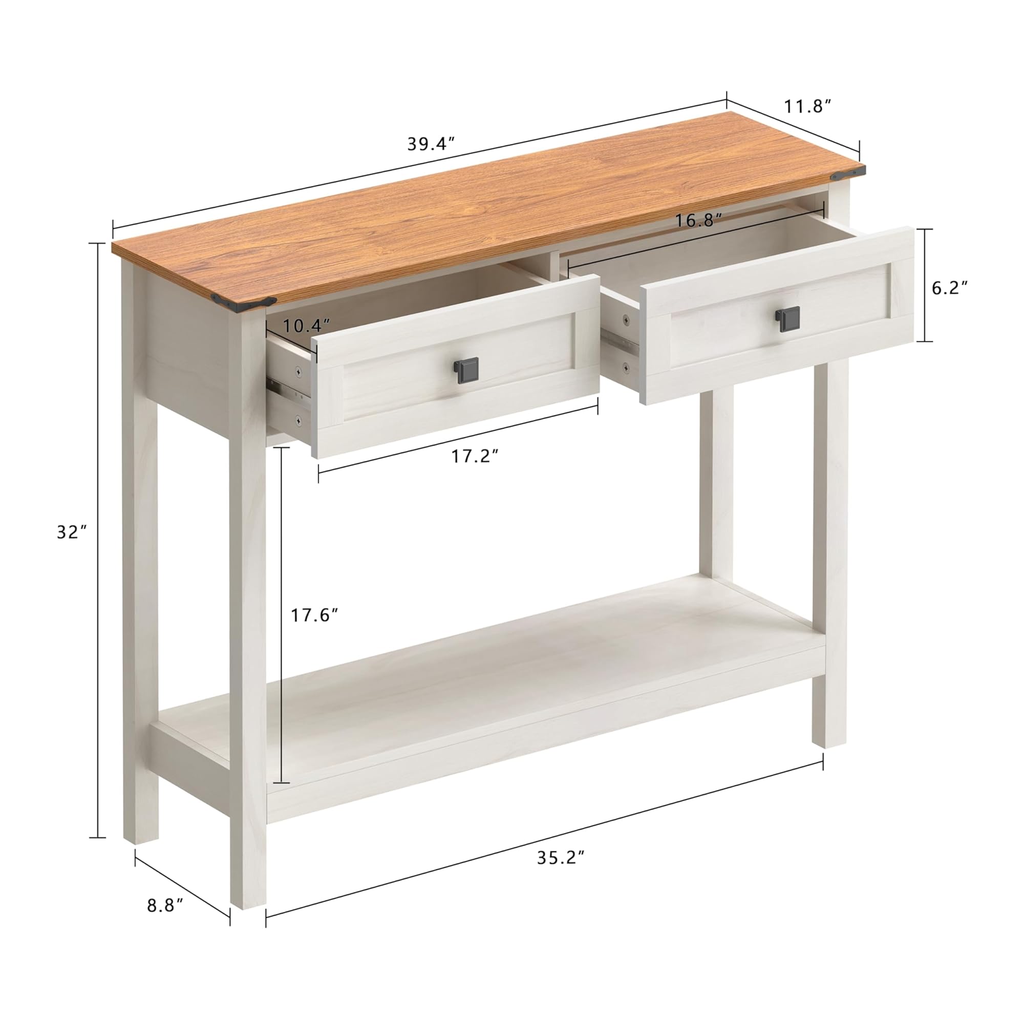 Trironsun mesa consola rústica con 2 cajones para pasillo, mesa de sofá rústica con estante abierto, pasillo de madera para dormitorio y sala de estar (blanco antiguo)