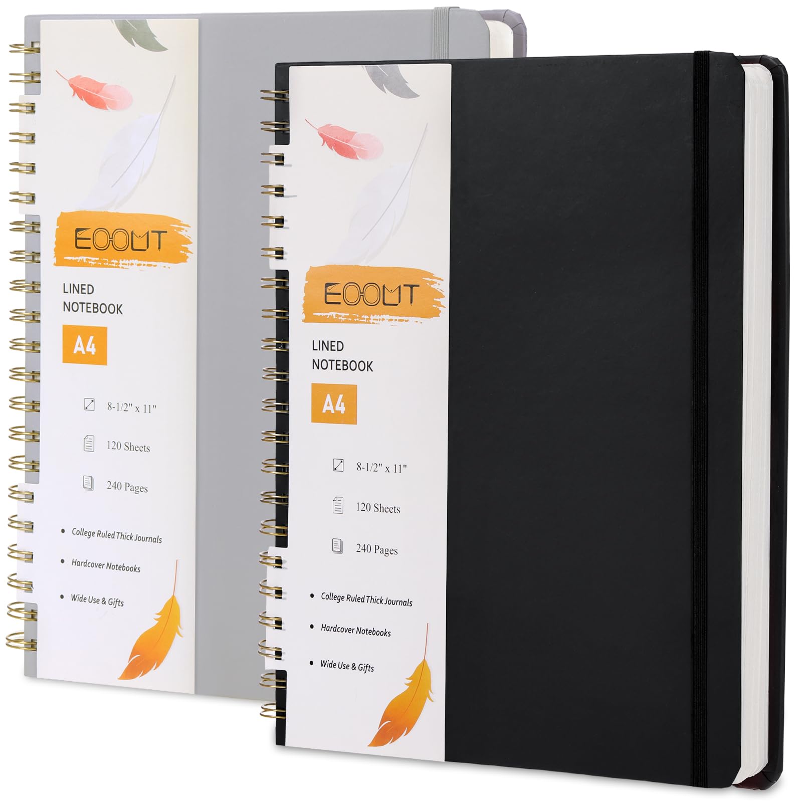 EOOUT 2 Pack A4 Spiral Journal Notebook, 8.5" x 11" College Ruled Thick Journals 480 Pages for Writing, Hardcover Notebooks with Inner Pocket for Men Women Office Work School Note Taking Gifts(Black,