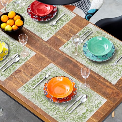 Image of Gray Lime Green Boho Placemats Set of 6 Ethnic Bohemian Carpet Place Mats Washable Kitchen Dining Vintage Grey Geography Floral Linen Table Mats Stain Heat-Resistant for Home Party Indoor 12x18 in