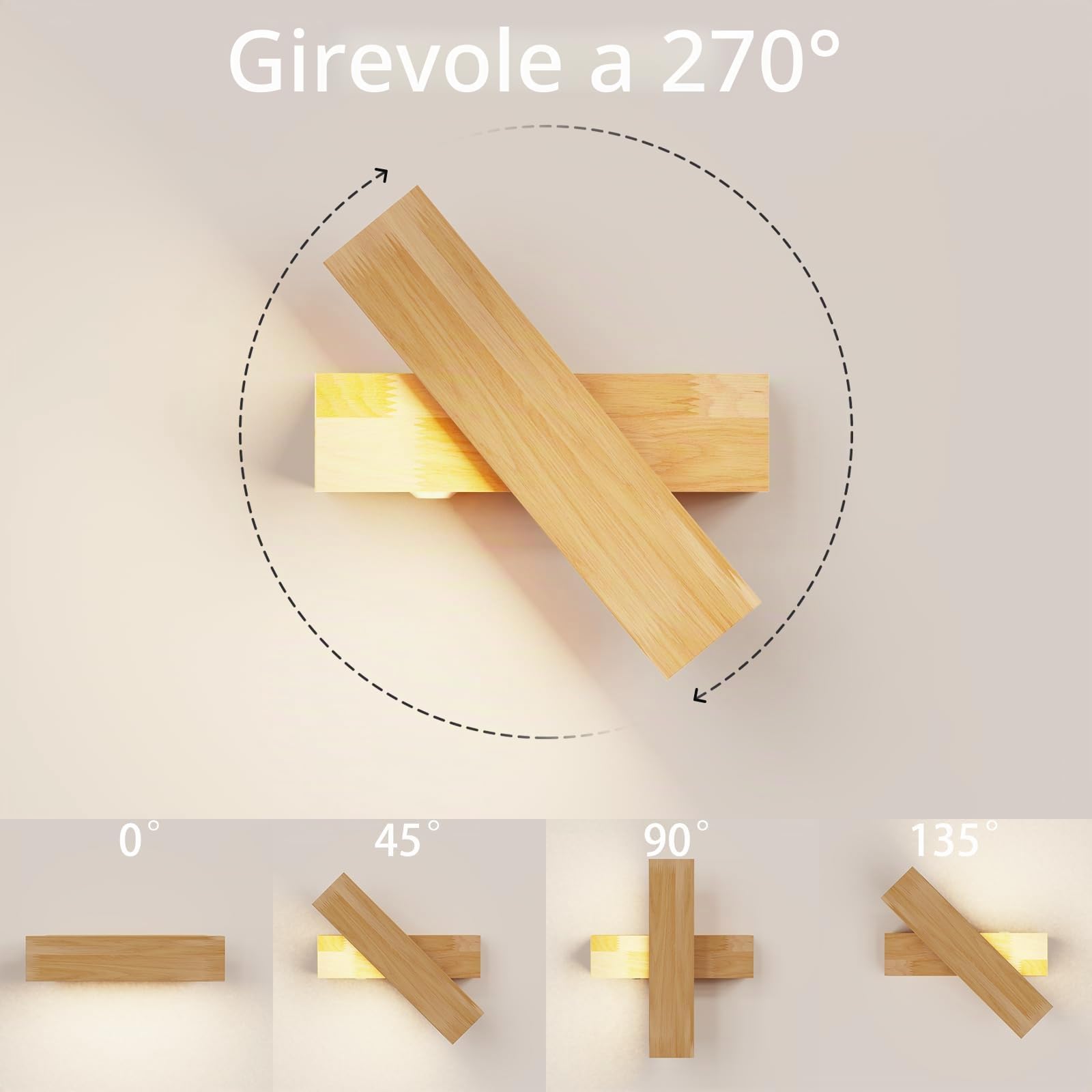 Applique da Parete Interno in Legno 8W, Touch Dimmerabile, Luce Calda 3000K | Lampada da Comodino a Muro, Ruotabile 270°, Paralume in Acrilico per Camera da Letto, Soggiorno, Angolo Lettura, 21.5 * 4.5cm