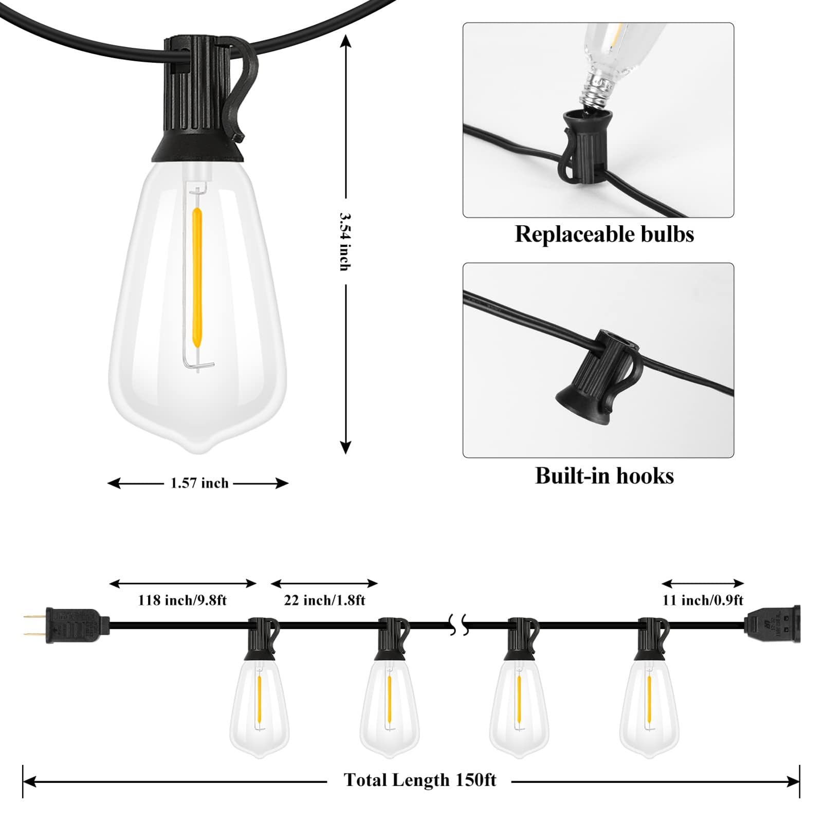 Lampy solarne do użytku na zewnątrz, oświetlenie tarasowe z żarówkami LED Edison ST38, wodoodporne, wtykowe, ściemniane, do zawieszenia na dziedzińcu (16,5 m30l)