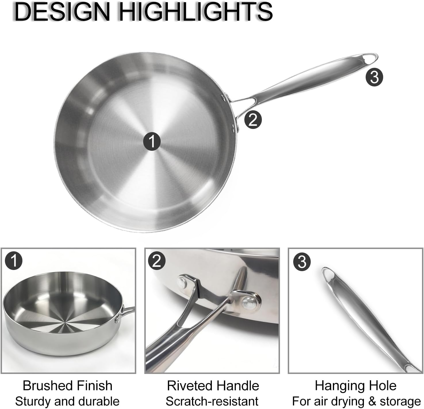 dosun 11 Inch Stainless Steel Frying Pan Set, 2-Piece Skillet with Glass Lid - One Non-Stick Coating & One Uncoated Pan for Home Kitchen, Stovetop Compatible (Induction, Gas, Electric)
