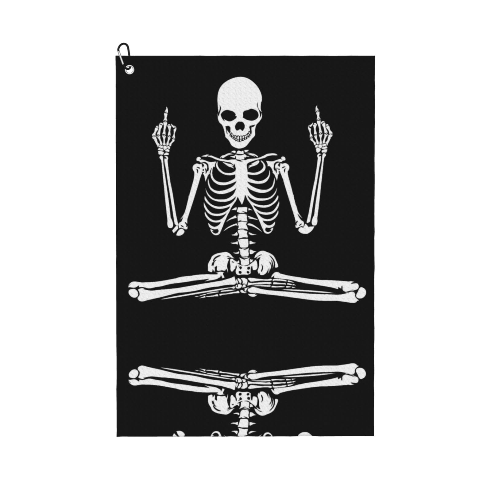 peiyeety Sitting Skeleton Shows The Middle Finger Microfiber Golf Towel with Carabiner Clip, 16x24 Inch Absorbent Waffle Weave Towel for Golf Bags