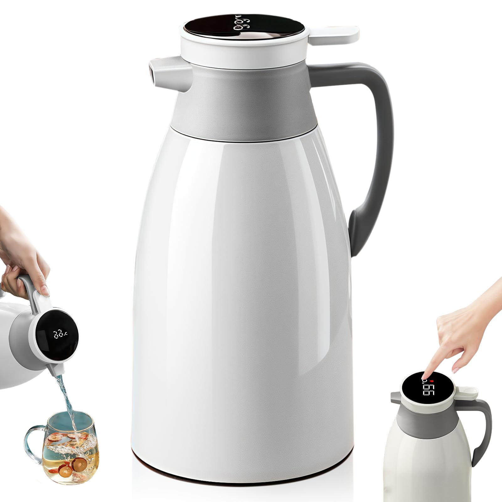 Thermos 24 ore isolamento termico: 2 l, acciaio inox, isolamento sottovuoto, indicatore intelligente temperatura, bevande calde fredde (bianco)
