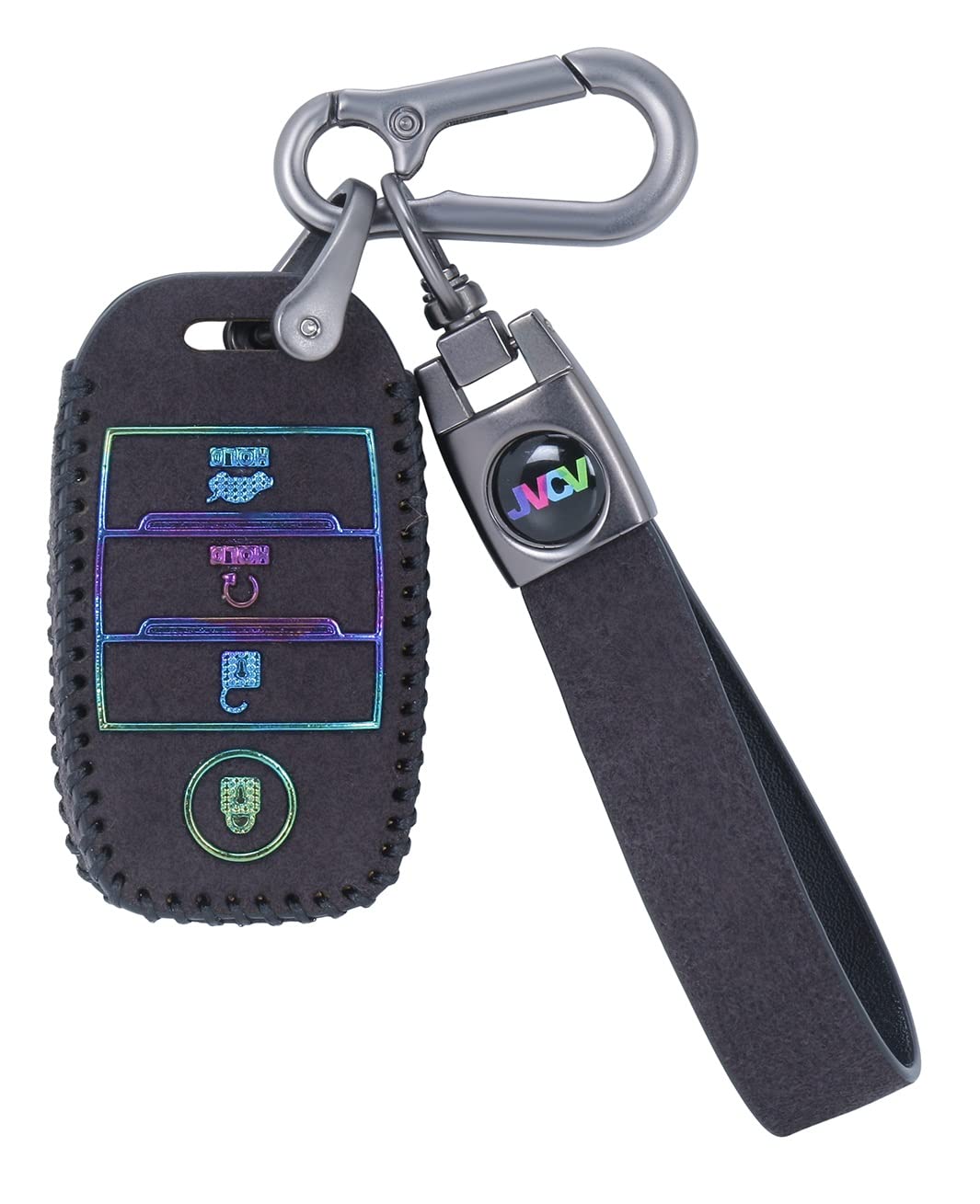 JVCV® Suede Leather Key Cover Compatible with Kia Sonet Seltos Carens 4 Button Smart Key - Stylish Durable Protector (Black-Rainbow Purple)