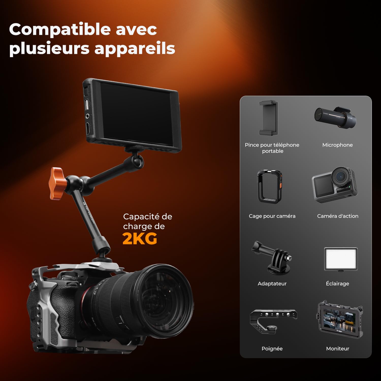 K&F CONCEPT Bras Magique 9.8 Pouce avec Pince Super Clamp et Vis 1/4'' 3/8", Support Articulé Réglable pour Moniteur, Appareil Photo, Lumière LED, Microphone, Trépied Vidéo
