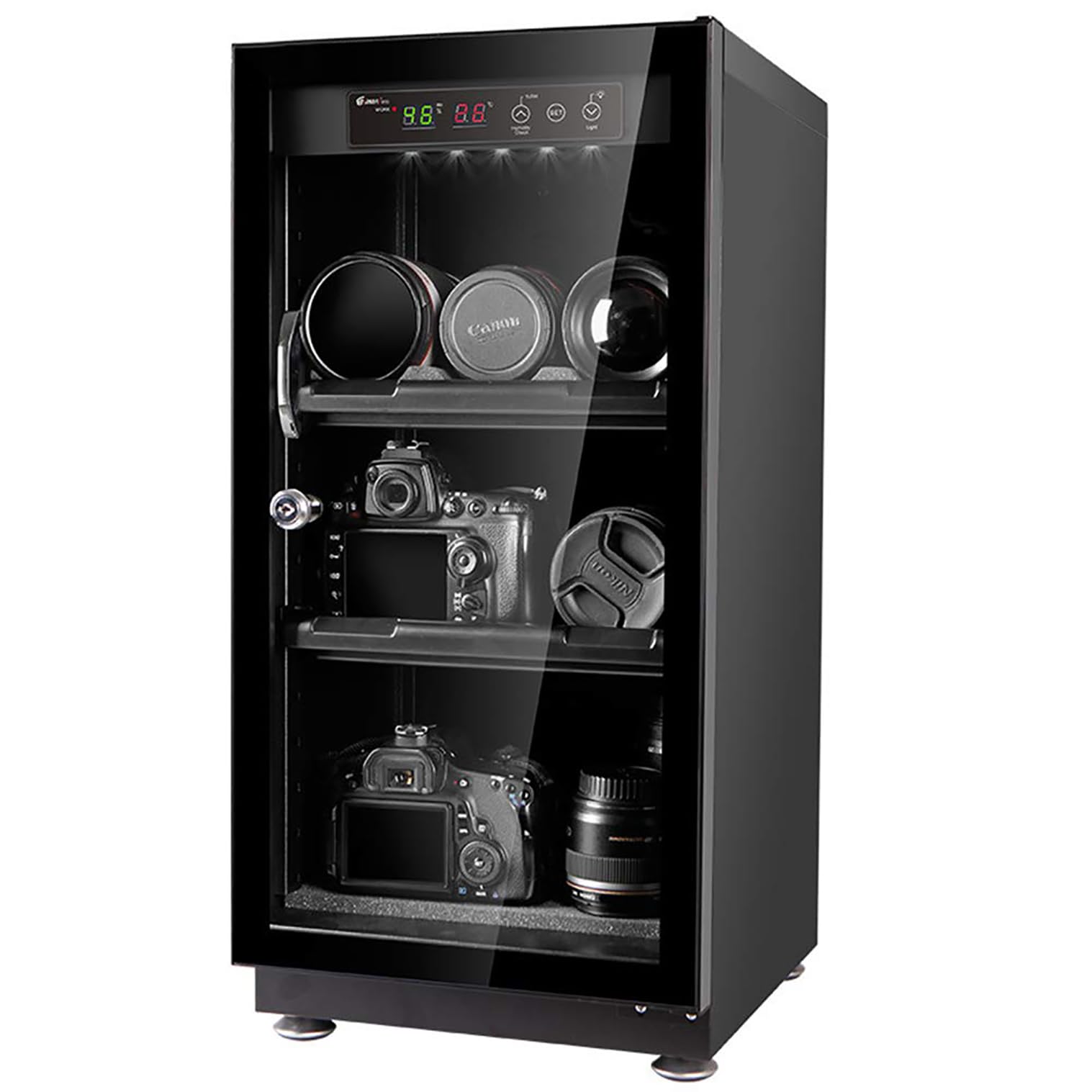 Armario deshumidificador de 50 litros con Control Digital por cámara, Caja desecadora electrónica automática silenciosa con Control de Humedad y luz LED. (Black)