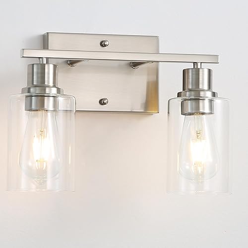 Miniatura 13 de Apliques de pared de níquel cepillado, 3 luces de tocador de baño con pantallas de vidrio transparente, iluminación de pared moderna de granja para