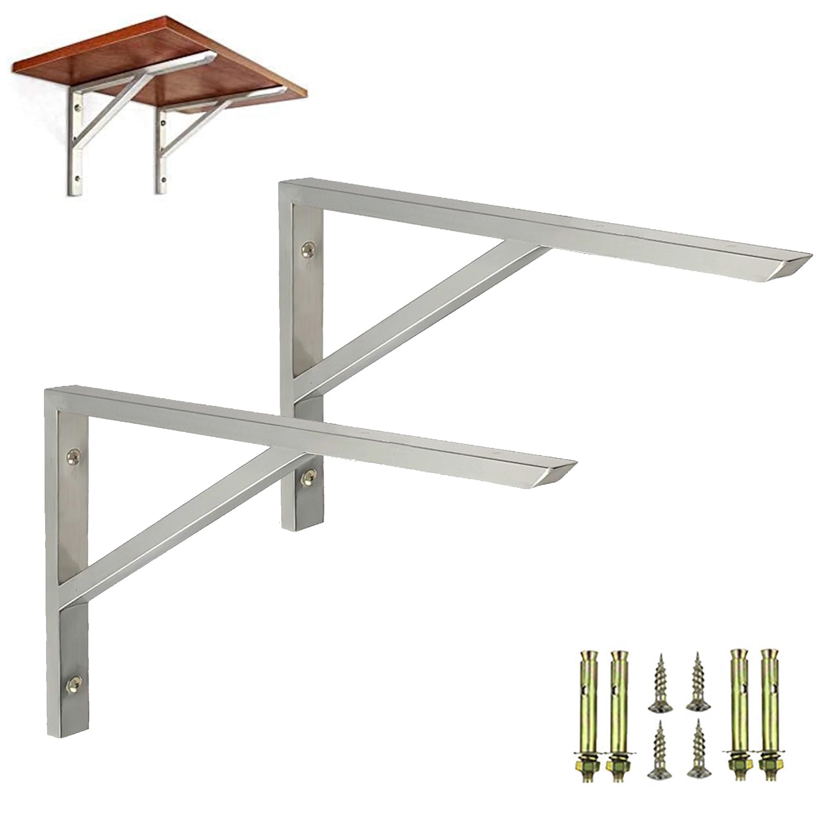 2 Piezas Soportes para Estantes de Pared,Soportes de Estantería de Metales Pesados,Escuadras para Estanterias de Acero Inoxidable en Forma de Triángulo,con Tornillos,Plateado (600mm x 305mm)