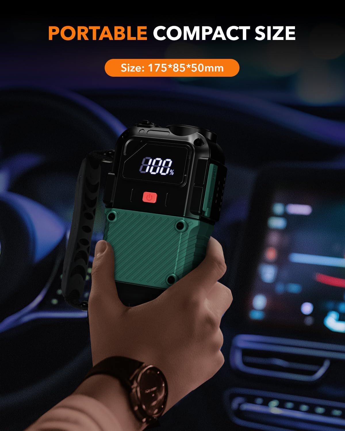 Portable Car Battery Jump Starter, 3000A - 12V Portable Jump Box for 6.0L Diesel & 8.0L Gas, Compact Battery Jump Pack, Extended Smart Jumper Cables Equipped, USB Outputs, and Lights