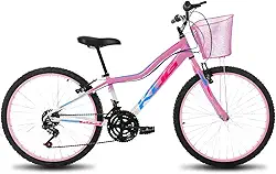 Bicicleta Aro 24 Em Alumínio QUadro KOG Feminino Refinado Com Detalhes Ergonômicos 18V Transmissão de Marchas 3x6 Cestinha Pink e Freios V-Brake