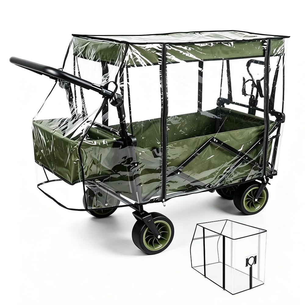 Wagon Rain Cover Clear, SGZIOO Folding Garden Trolley Cover, Wagon Cart Cover with Zippered Side, Waterproof Windproof UV-Resistant for Camping, Picnic, Garden, Storage