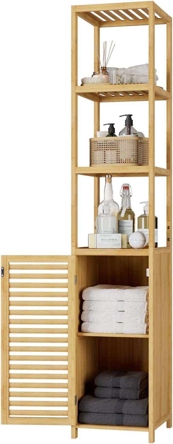 FOREHILL Tall Bathroom Cabinet Bamboo Bathroom Storage Unit Slim Tallboy Freestanding Cupboard with 3 Open Shelves and Door 34x33x169cm Natural