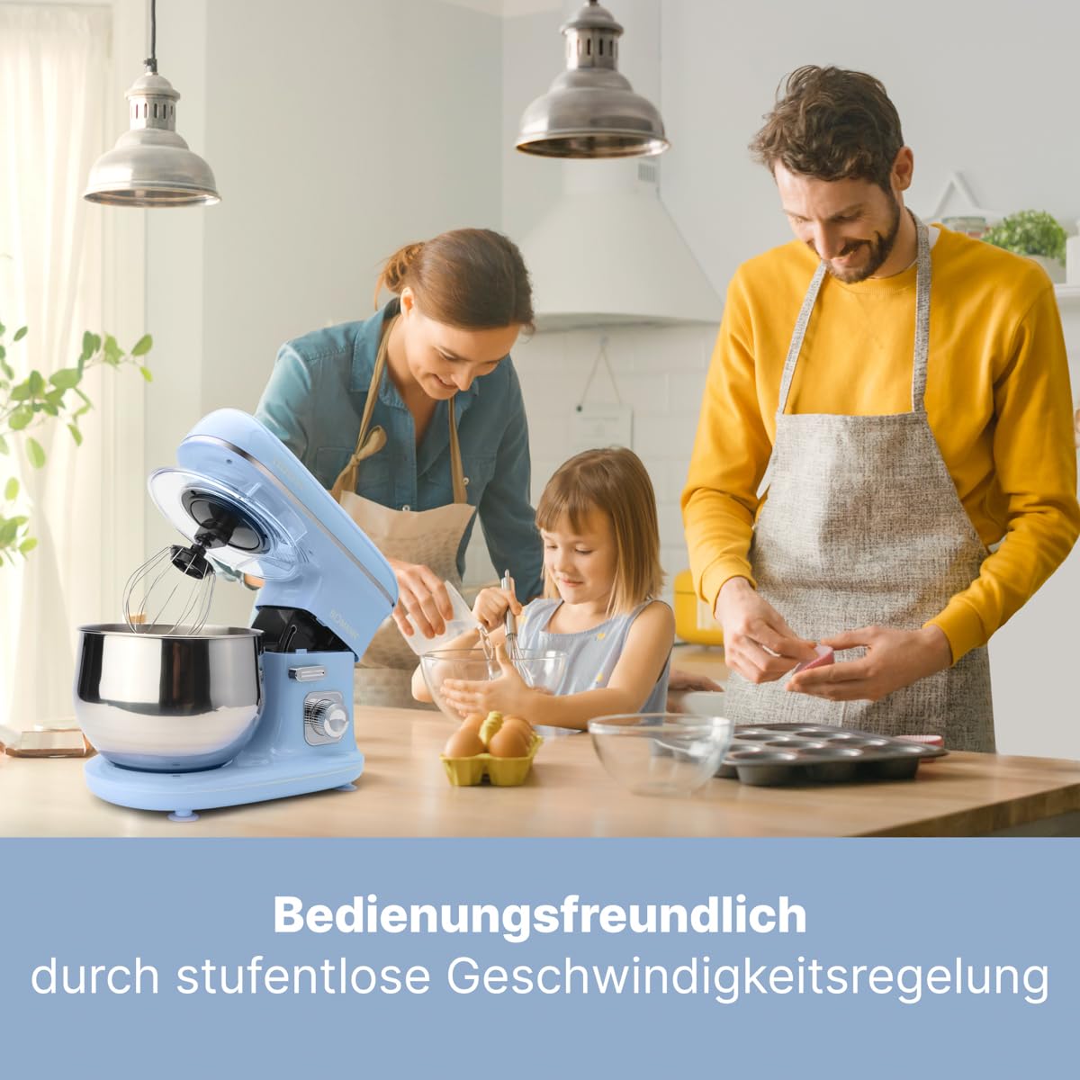 Bomann® Küchenmaschine 1100 Watt | Knetmaschine 5L | inkl. Knethaken, Rührhaken und Schneebsen | für bis zu 3 kg Teig | robustes Spezialgetriebe | Food Processor | Teigmaschine KM 6030 CB blau