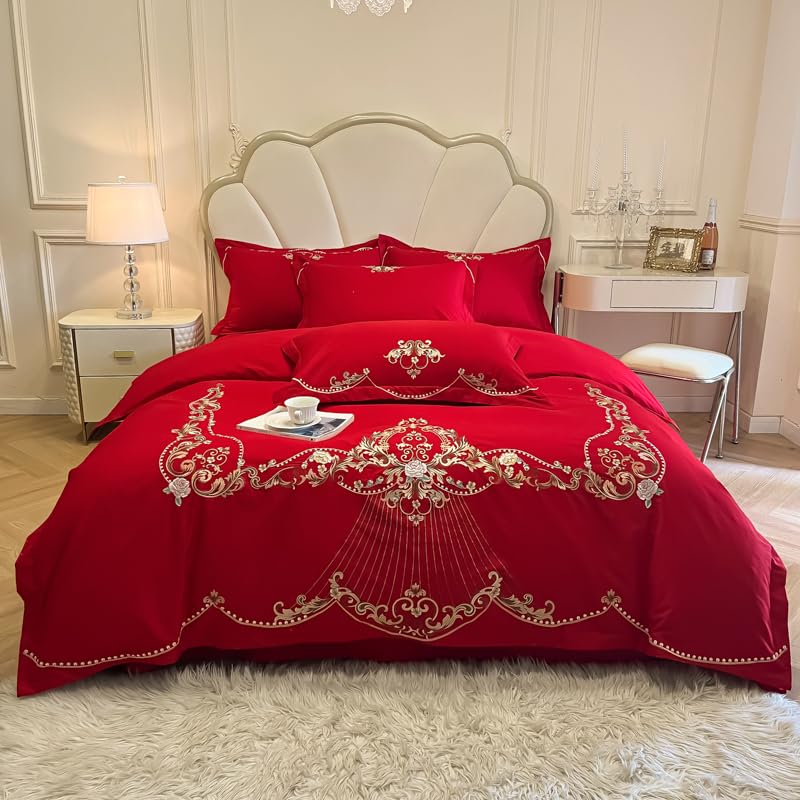 Image of JJ's Imported Skin Friendly Pure Washed Cotton Heavy & Beautifully Embroidered Wedding Style 5 Pcs King Size Double Bed Luxury Bridal Bedding Set with Heavy Comforter /Quilt (RED 1)